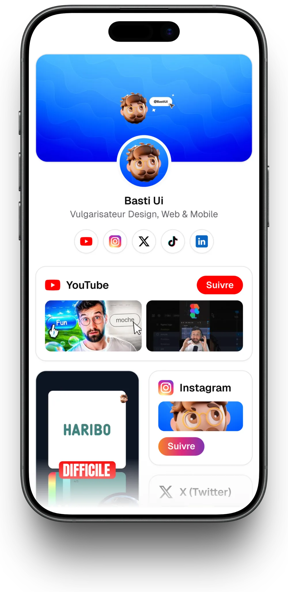 La page bio de Basti Ui dans un iPhone